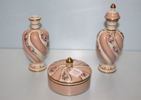 Three Piece Pink Porcelain Dresser Set