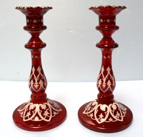 Pair 19th Century Ruby Glass Candlesticks
