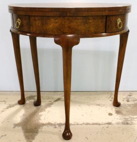 Burl Walnut Queen Ann Style Demi-Lune Console