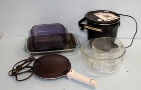 Popcorn Popper, Glass Mixing Bowls, Pyrex Dishes, Electric Hot Plate
