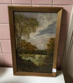 Small oil on canvas of boy looking at lake