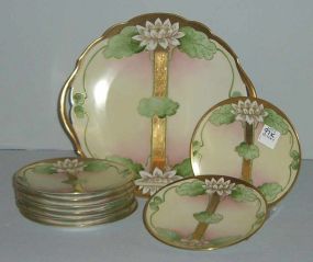 9 pc hand painted Pickard dessert set "Water Lily".  Artist signed Reury