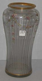Glass Vase Engraved Sides, Raised Enamel Decoration and Gold Gilt Top