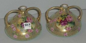 Nippon pair of 4" tall double handle vases aqua beading gold & rose d