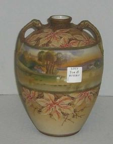 Nippon 7" tall vase with swans on lake with house