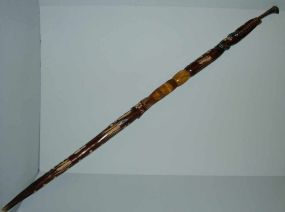 Carved and Stained Double Serpent Walking Cane, "Iria Jamaica" on Side