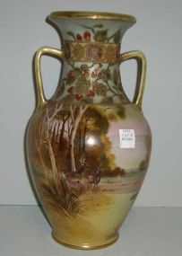 Nippon Double Handled Vase Decorated w/Forest Scene w/Deer - Marked Hand Painted Nippon "M" Within Wreath