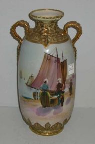 Nippon Double Handled Vase w/Dutch Scenic Sailboats and People and Heavy Gold Decoration - Marked Hand Painted Nippon "M" Within Wreath