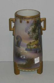 Nippon Footed and Handled Vase w/Farm Land Scenic w/Ducks, Raised Gold Decoration, Marked Hand Painted Nippon "M" Within Wreath