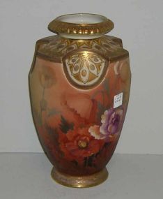 Nippon Vase Floral Decorated and Raised Gold Decoration - Marked Hand Painted Nippon "M" Within Wreath