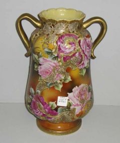Nippon Vase Double Handled, Footed w/Roses - Marked Hand Painted Nippon "M" Within a Wreath