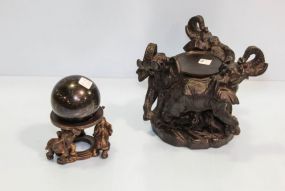 Carved Elephant Stand & Three Elephants Holding A Ball