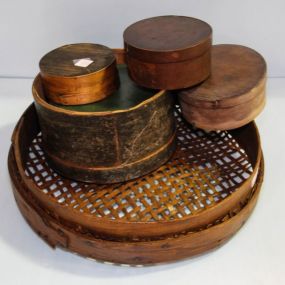 Basket Lid & Five Various Size Wood Boxes