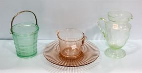 Pink Depression Tray, Two Ice Buckets, Green Pitcher