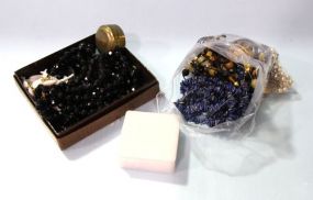 Box and Bag of Costume Jewelry & Small Brass Box