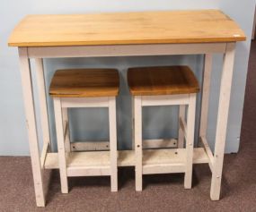 White Table with Pine Top and Two Stools