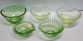 Five Various Size Green Depression Glass Bowls