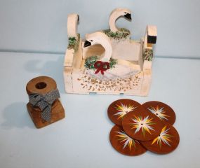 Wooden Goose Basket, Candleholder & Four Coasters