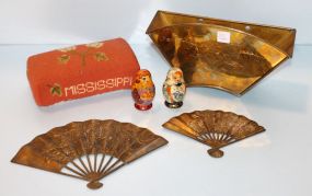 Needlepoint Mississippi Brick, Two Brass Fans, Brass Planter & Two Nesting Dolls