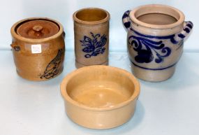 Contemporary Flow Blue Crock, R.R.P Company Roseville Bowl, Modern Tubular Crock & Modern Crock Butter Jar