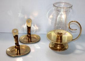 Two Brass Candlesticks & Brass Candlestick with Hurricane Shade