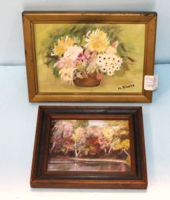 Small Unsigned Oil Painting of Trees & Oil Painting of Flowers Signed M. Rivers