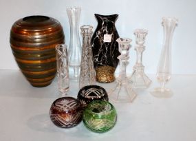 Three Cut to Clear Candleholders, Five Vases & Two Clear Candlesticks