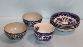 Four Blue Willow Berry Bowls & Three Blue Willow Cups