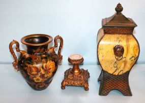 Painted Metal Covered Box with Rooster & Broken Painted Ceramic Vase