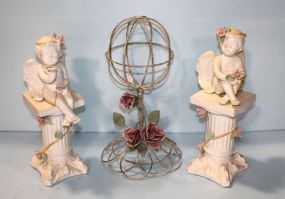 Two Cherubs on Pedestals & Wire Globe