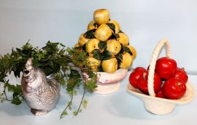 Ceramic Basket with Apples, Ceramic Fruit & Pewter Rooster