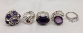 Five sterling Silver lady's amethyst rings