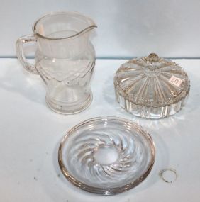 Glass Pitcher, Covered Candy Dish, Two Plates