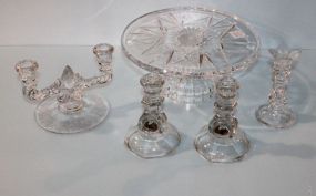 Glass Cake Stand & Four Various Candlesticks