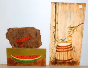 Watermelon Painted on Board, Painted Lobster, Painting of Birds Applied to Cardboard