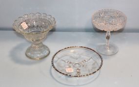 Two Pressed Glass Compotes and Etched Silver Trim Dish