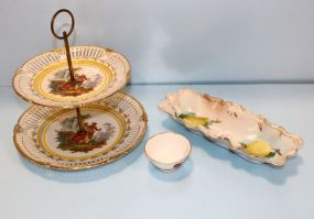 German Handpainted Two Tier Stand, Moss Rose Bowl & Handpainted Relish Dish