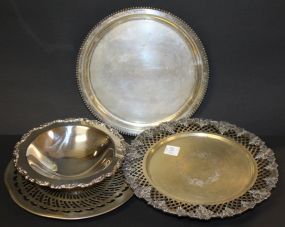 Silverplate Compote, Sheffield Silver on Nickel Reticulated Cake Stand, Two Silverplate Trays