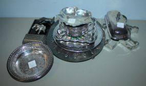 Silverplate Butter Lid, Trivets, Dishes, Metal Elephant and Donkey, Reed & Barton Sterlind Leaf Dish, and Wine Coaster