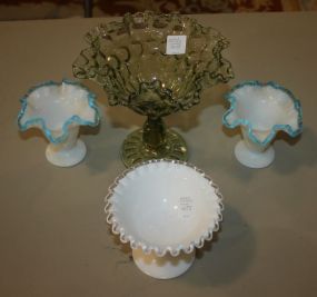 Green Fluted Edge Compote, Pair of Milk Glass Vases, and Milk Glass Vase