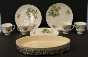 Oval English Dish in Frame, Four Cornwall China Cups and Plates