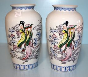 Pair Contemporary Porcelain Vases with Handpainting of Oriental Lady