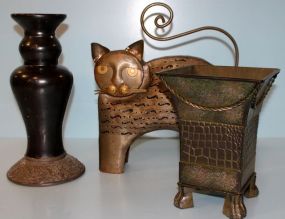 Decorative Tin Urn, Metal Candlestick, and Tin Cat