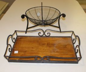 Metal and Wood Tray with Handles and Metal Center Bowl