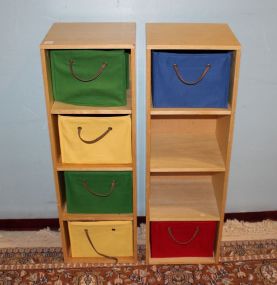 Pair of Wood Storage Shelves with Fabric Storage Boxes