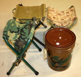 Three Hunting Stools and Bucket