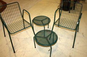 Two Green Metal Arm Chairs and Two Side Tables Two side tables 16" dia., 14" h.