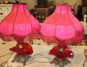 Pair of Ruby Red Moon and Star Lamps 30" h.