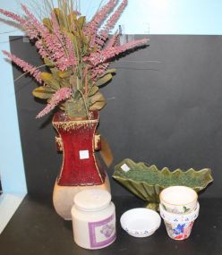 Vase with Arrangement, Green Planter, Flower Pots, Jar with Lid Vase is 14" h.