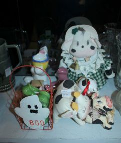 Group of Cow Items, Halloween Basket, Bunny, Small Ewer, and Shoes Basket is 4" h., shoes 2-3"